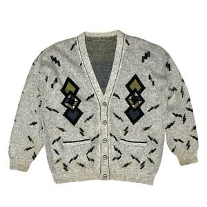 Vintage 90s Men’s Cardigan Sweater Geometric Abstract Gray XL*